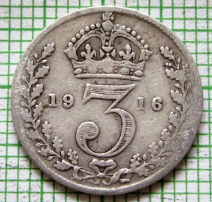 GREAT BRITAIN King GEORGE V 1916 THREEPENCE 3 PENCE, 0.925 SILVER - Picture 1 of 6