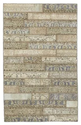Faded Anatolian Handmade Patchwork Rug. Vintage Oushak Wool Carpet in Beige - Image 1 of 4