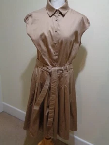 JAEGER CAMEL CAP SLEEVE BUTTON FRONT BELTED DRESS WITH PLEATED SKIRT - SIZE 10 - Picture 1 of 7