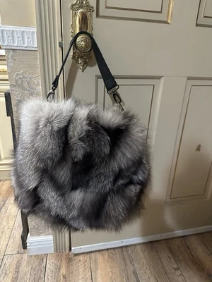 ITALY Real Silver Fox Fur And Leather Tote XL  Large Bag FLO & CLO 18”x 16” - Image 1 of 4