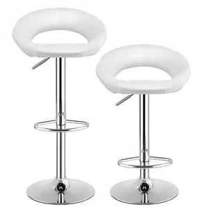 Height Adjustable Bar Stools Set of 2 with Hollow Back and Footrest-White - Colo - Picture 1 of 5
