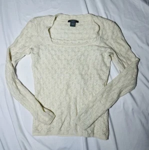 Ann Taylor Cashmere Cream Knit Mesh Square Neck Sweater Med Long Sleeve - Picture 1 of 9