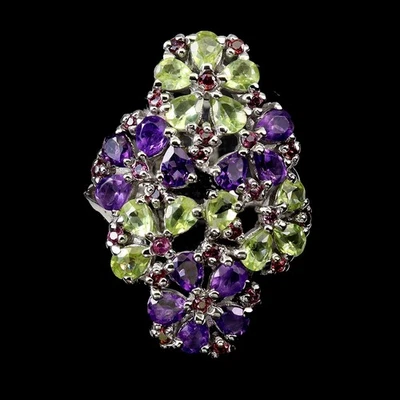 925 Sterling Silver Ring Pear Amethyst Peridot Garnet Gemstone Jewelry Size 8.5 - Image 1 of 4