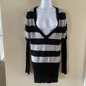 Vintage Mixit Silver & Black Sweater Dress Deep V Mini Length Size L Large Thin - Picture 1 of 15