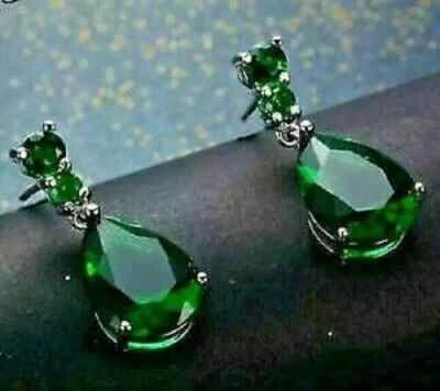 3 Ct Pear Lab Created Green Emerald Drop/Dangle Earrings 14K White Gold Plated - Image 1 of 4