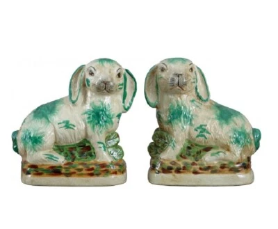 Staffordshire Bunny Rabbit Hare Pair Reproduction Figurine Rabbits Green 8"H
