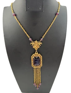 Goldette Victorian Revival Necklace Dangle Pendant Amethyst Purple Glass 18" - Picture 1 of 7