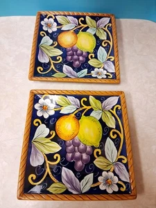 2 Tabletops Unlimited VILLA BELLAGIO 8.5" Square Salad Plate Fruit Lime Floral - Picture 1 of 7