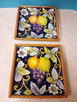 2 Tabletops Unlimited VILLA BELLAGIO 8.5" Square Salad Plate Fruit Lime Floral - Image 1 of 4