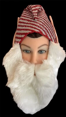 *Merry Brite Elf Face Hat Red Silver Sparkle Faux Santa Fur Beard & Ears Foto 1 de 2