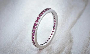 Valentine Gift Rhodium Plated 1.00 CTW Lab-Created Fashion Gemstone Ruby Band - Picture 1 of 5