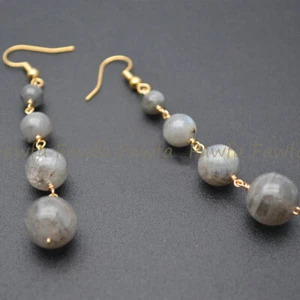 Fashion 6-12mm Gray Labradorite Round Gemstone Beaded Dangle Gold Plated Earring - Picture 1 of 5