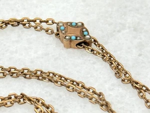 Victorian *14K SOLID GOLD* Seed Pearl Turquoise Slide w/48" GF Chain Necklace - Picture 1 of 4