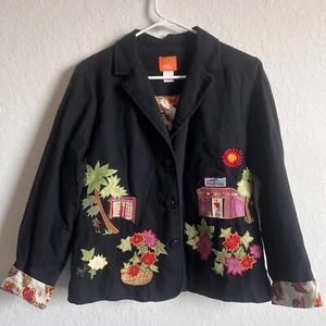 Hearts Of Palm Cafe Tropical Embroidered Jacket Size 10 Black Colorful - Picture 1 of 8
