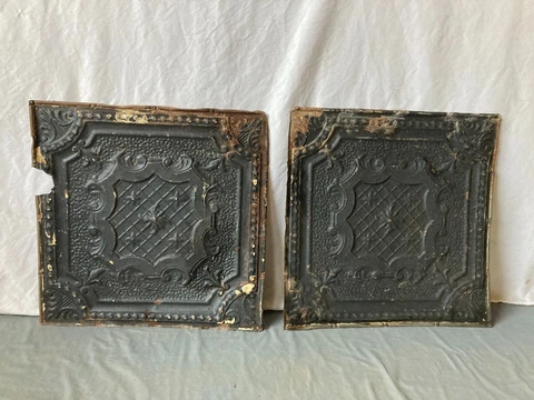Pair of Antique Tin Ceiling  2' x 2' Shabby Tile 24" SQ Chic VTG Crafts 46-23A Cover