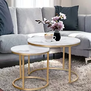 aboxoo Coffee Table Nesting White Set of 2 Side Set Golden Frame Circular and - Picture 1 of 9