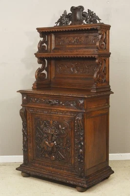 Antique French Renaissance Revival Sideboard Server Buffet Carved Oak Hunting - Image 1 of 4