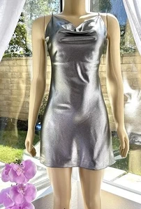 Rotate Metallic Mini Slip Dress Size S In Silver Cowl Neck Sheath Sleeveless - Imagen 1 de 12