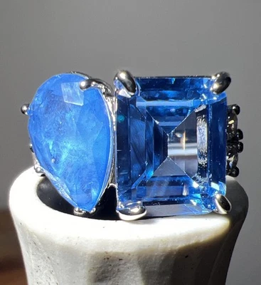 Cuarzo azul océano y aguamarina enchapado en rodio BP sin otro nombre creado en laboratorio talla 6 Foto 1 de 4