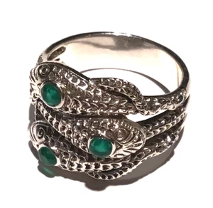 Solid Sterling Silver Emerald Infinity Snake Trio Gothic Python serpent Ring R 9 - Picture 1 of 10
