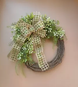 17" Greenery Berry Summer Fall Grapevine Door Wreath Tan Green Bow - Picture 1 of 4