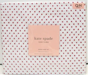 Kate Spade 4-teiliges Baumwollperkal Laken Set Preiselbeerrote Punkte auf weißer Königin - NEU - Bild 1 von 1