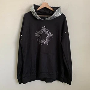 Sheilay Hoodie Black Pullover Silver Sequin Hood Rhinestone Star Pearl Trim 3XL - Picture 1 of 9