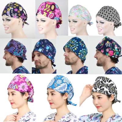 Men Women Cotton Scrub Hat Scrub Caps Tie Back Hair Cover Washable Floral Animal - Image 1 of 4