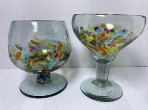 (2) Mexican Glassware Multicolored Confetti Glass Stemmed Drinking Glasses - Picture 1 of 9