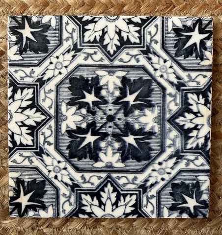 Antique Ceramic 6” x6” Tile Navy & White Floral Geometric Pattern Stamped Welsh? Cover