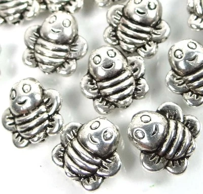 20 Antique Silver Pewter Honey Bee Happy Face Beads 8mm  - Image 1 of 3