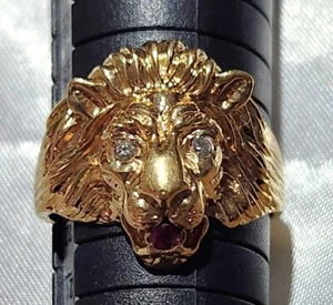 14K Gold Lions Head Red Stone Mouth Diamond Eyes Size 10.25 Ring 8.2 Grams - Picture 1 of 13