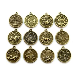 JUEGO DE 12 ENCANTOS DEL ZODIACO OCCIDENTAL 0,7" 18 mm Colgante Redondo Amuleto Latón Horóscopo - Imagen 1 de 5