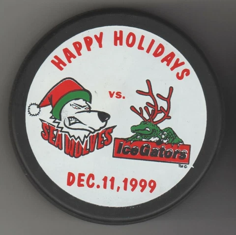 Mississippi Sea Wolves MERRY CHRISTMAS 1999 Santa Wolf Rudolph Gator ECHL Puck Cover