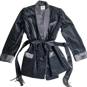LW WARDY Black PinStripe Velvet Satin Collar Smoking Jacket Blazer Small Vintage - Picture 1 of 12