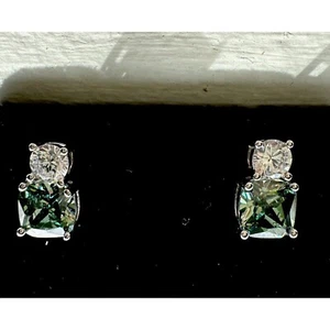 Cushion Cut 2.3ct Green Sapphire & Diamond .925 Silver Stud Earrings Lab Created - Picture 1 of 22
