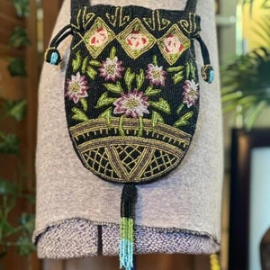 Bandolera Christiana Años 80/90 Negra Cuentas con Rosa y Verde Floral - Imagen 1 de 7