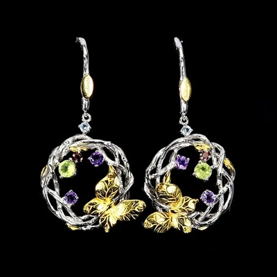 925 Sterling Silver Earrings Peridot 4mm Amethyst Butterfly Handmade Jewelry - Image 1 of 4