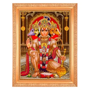 Foto con impresión de Zari dorado Panchmukhi Hanumanji en marco dorado (11 x 14 pulgadas) - Imagen 1 de 4