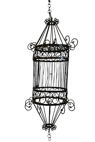 VINTAGE WROUGHT IRON BIRD CAGE birdcage SCROLLED HANGING 44” Cover
