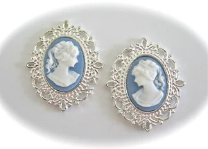 dollhouse doll house miniature WALL PICTURE SILVER CAMEO WOMEN BLUE WHITE SET ! - Picture 1 of 1