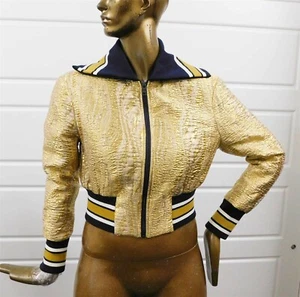 BCBG MAXAZRIA $348rt Gold Navy Blue Baseball Zip Jacket XS - Picture 1 of 5