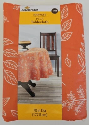 Celebrate! Harvest PEVA Round Tablecloth Linework Leaves 70" - Image 1 of 2