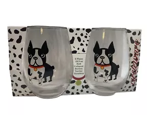 Boston Terrier Hand Blown 16 oz Stemless Wine Glasses / Pair New in Box - Picture 1 of 7