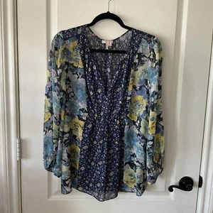Joie 100% Silk Blouse Shirt Top Womens Blue Floral Sz  Large Long Sleeve V neck - Picture 1 of 11