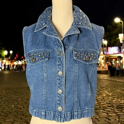 VTG Y2K Metal Studded Bedazzled Rhinestone Crop Blue Denim Jean Vest Size Small  - Image 1 of 4