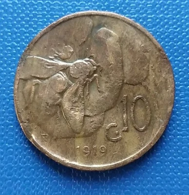 MONETA REGNO V.E.III 10 CENT.APE 1919,RARA,CU 5,25, GR,BASSA CONSERVAZIONE  - Immagine 1 di 4