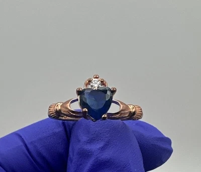 925 Sterling Silver Rose Gold Blue Heart CZ Claddagh Ring Size 6 – 1.6g 691 - Image 1 of 4