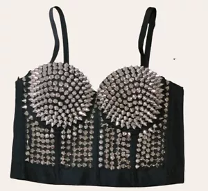 Ladies Cropped Top Corset With Rivet Studs Spikes Size 40B Silver Black Stretch - Picture 1 of 18