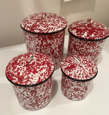 4 PC Farmhouse Red White Enamelware Splatterware Speckle Canister Set - Image 1 of 4